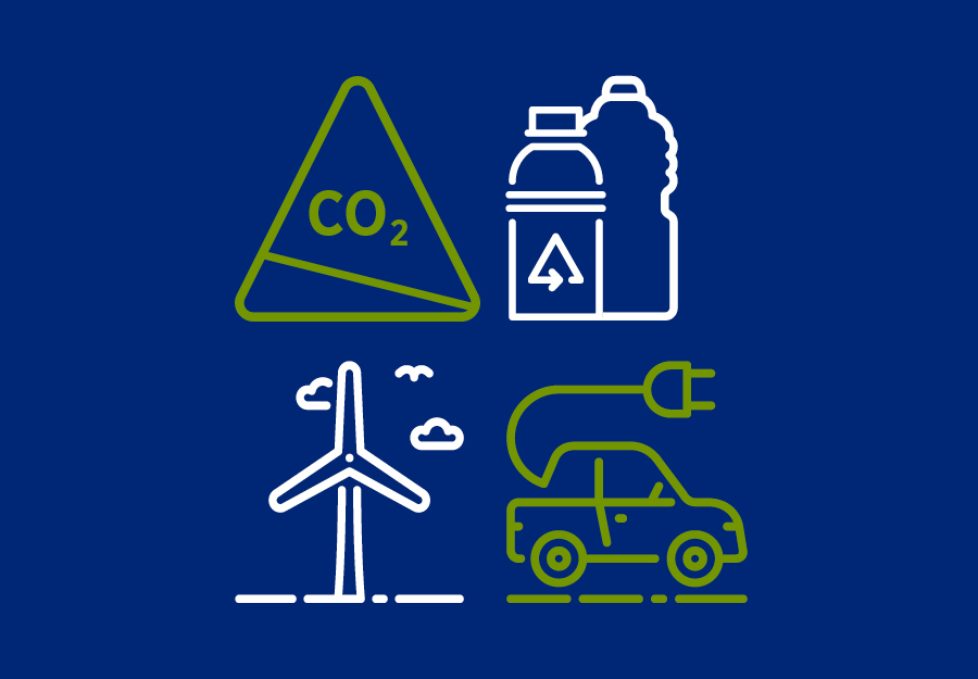 Quatre pictogrammes : un panneau CO2, deux bouteilles de produits chimiques, une éolienne et une voiture électrique.